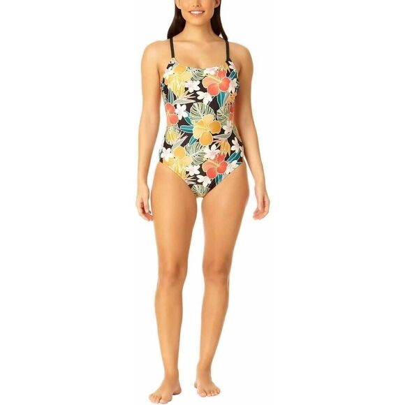 NEW Hurley L One Piece Swimsuit Tropical Floral Coral Teal Gold Black NWT - Picture 1 of 13